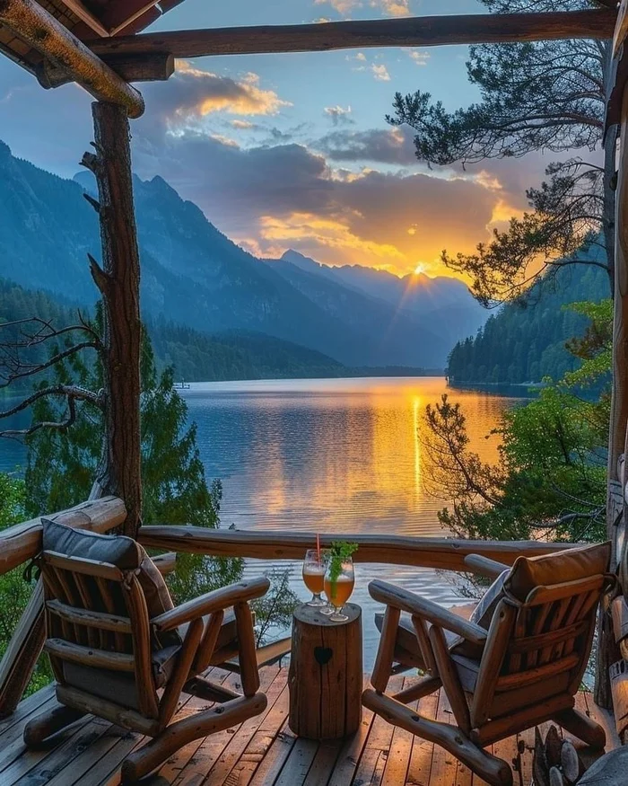 Romantic dinner at sunset - The photo, Nature, The mountains, Sunset, Lake, Dinner, Romantic dinner, Neural network art