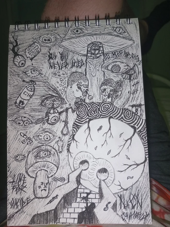 Wall - My, Drawing, Pen drawing, Psychedelic, Eyes, Mushrooms, Patterns, Tablets, Gas, Text, Depression, Suicidal depression, Suicide, Blade, Schizotypal disorder