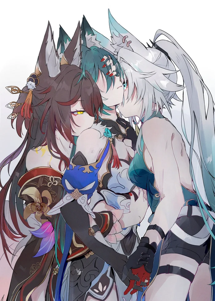 Лисья лизня - Anime Art, Аниме, Feixiao (Honkai: Star Rail), Fugue (Honkai: Star Rail), Yukong (Honkai: Star Rail), Honkai: Star Rail, Yuri, Animal Ears, Кицунэ