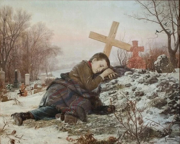 An orphan at his mother's grave - Art, Painting, Orphans, 19th century, Grave