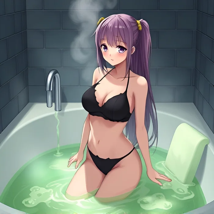 Girl bathing in a hot acid bath - Bathing, Swimsuit, Girls, Art, Anime, Bath, Bikini, Acid