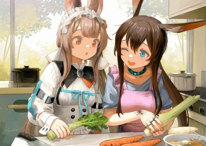 Сейчас сделаем вкусный салатик! - Arknights, Animal Ears, Anime Art, Game Art, Аниме, Игры, Приготовление, Amiya, Warmy