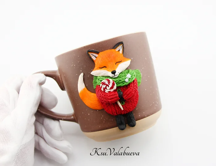 Mug with decor Warm Fox - My, Fox, With your own hands, Handmade, Needlework without process, Needlework, Кружки, Mug with decor, Winter, Longpost