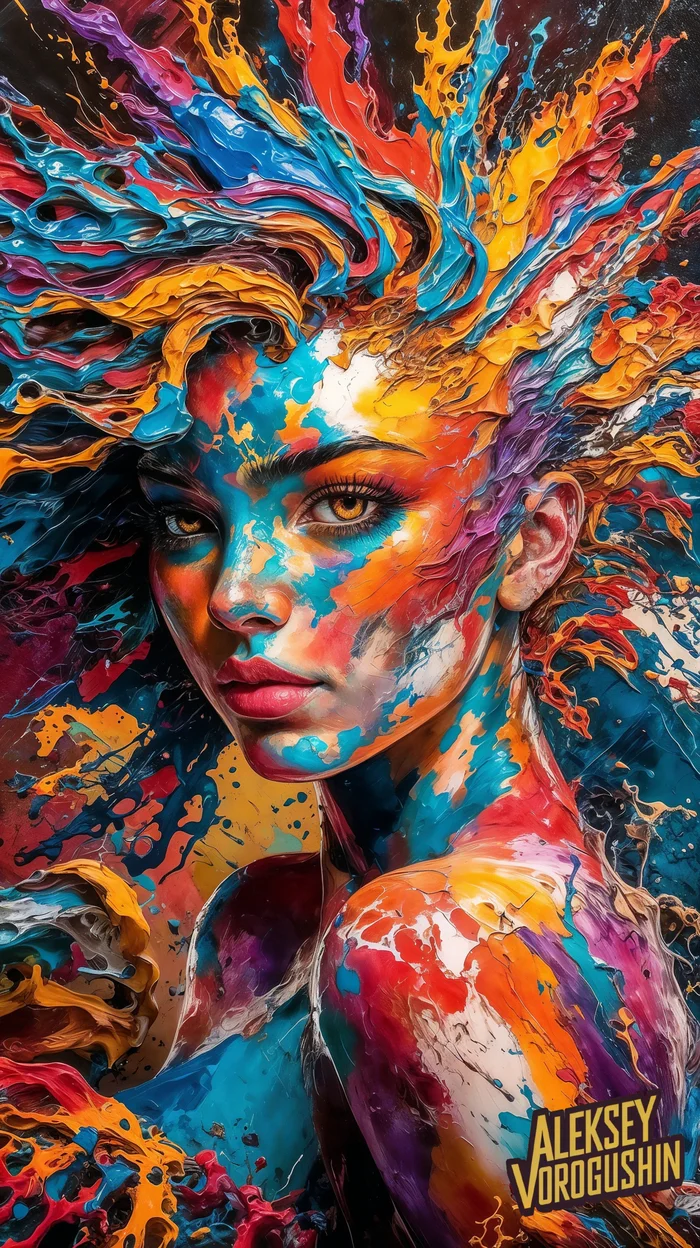 Neuroartist: Vorogushin Alexey Gennadievich. Bright abstract girl in impasto style. Evaluation and analysis of neuroart using AI - My, Dall-e, Нейронные сети, Digital, Neural network art, Phone wallpaper, Art, Impasto, Desktop wallpaper, Masterpiece (Yandex), Art, Modern Art, Computer graphics, Abstraction, Abstractionism, Girls, Women, Artificial Intelligence, Digital drawing, Cover, Artist, Longpost