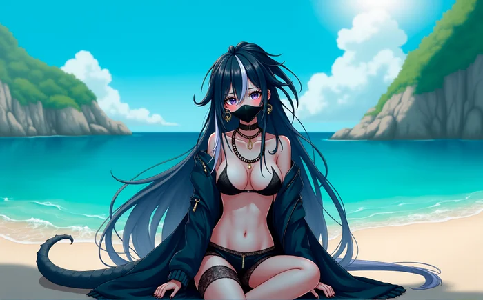 Somewhere on another part of the planet... - My, Neural network art, Stable diffusion, Girls, Anime art, Beach, Sea, Mask, Neckline, Draconid, Is sitting, Desktop wallpaper, Flux