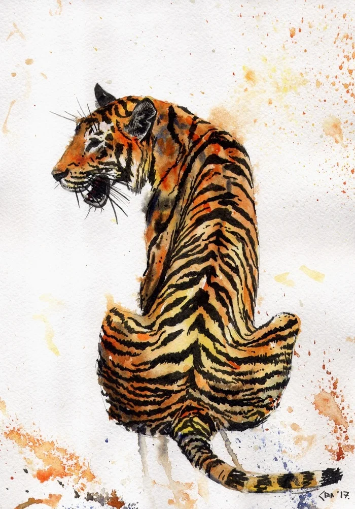 Tiger character - My, Watercolor, Animalistics, Traditional art, Drawing, Tiger, Cat family, Exhibition, Art, Modern Art, Longpost