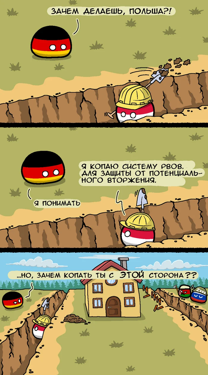 Eastern Shield - Countryballs, Comics, Picture with text, Politics, Poland, Germany, Russia, Republic of Belarus, Belarusian-Polish border, The border, Ditch, Translated by myself, Reddit (link)