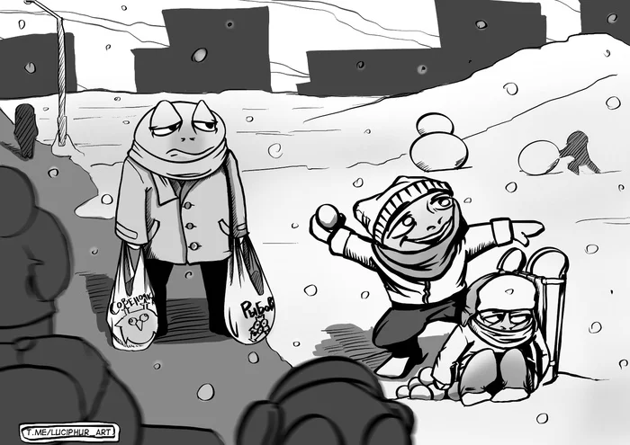 It's Wednesday when Winter gives everyone different gifts, my guys! - My, Art, Illustrations, Characters (edit), Procreate, Drawing, Illustrator, Frogs, Toad, Winter, It Is Wednesday My Dudes, Wednesday, Old age, Sad humor