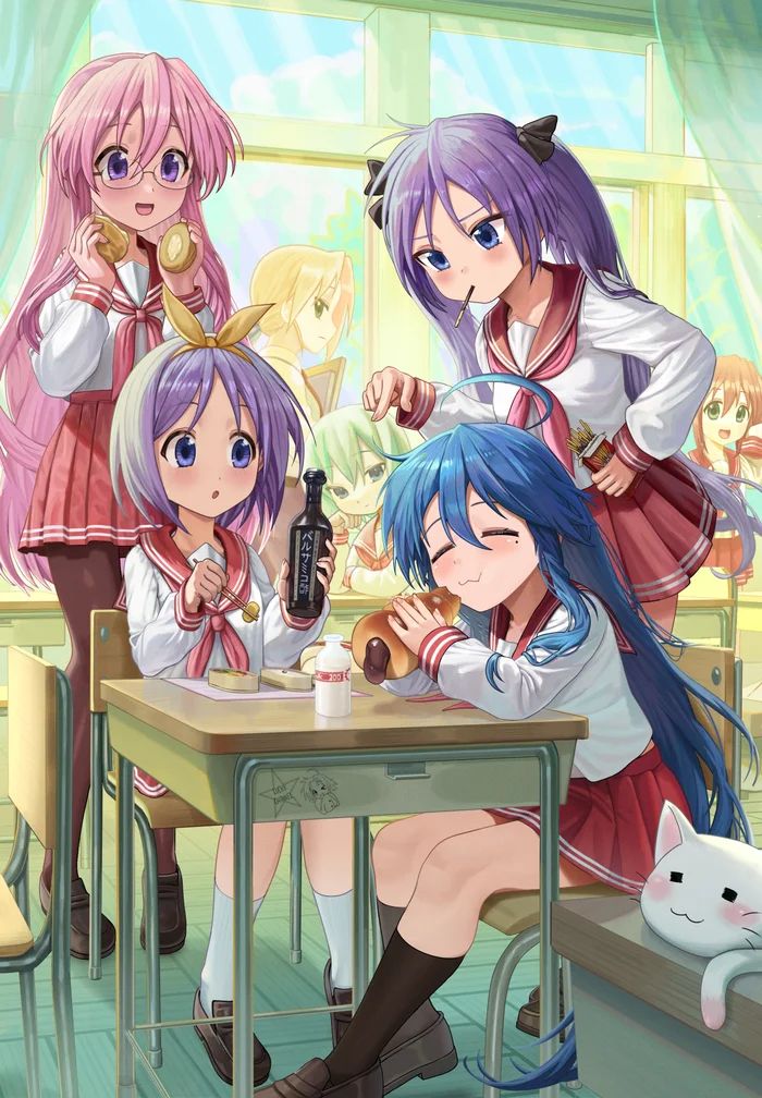 На обеде - Аниме, Anime Art, Lucky Star, Konata Izumi, Hiiragi tsukasa, Hiiragi kagami, Miyuki Takara, Seifuku, Школа, Школьницы