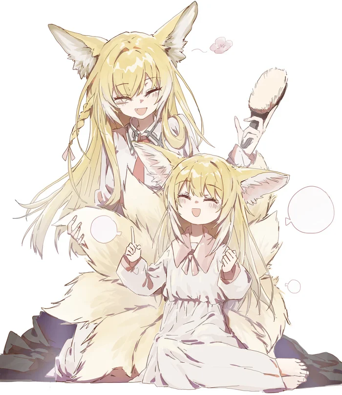 Suzuran and Vulpisfoglia - Anime, Anime art, Arknights, Suzuran, Vulpisfoglia (Arknights), Animal ears, Long hair, Tail, Smile, Blonde, Cloak, Parents and children, Tie, Embarrassment, Brush, Barefoot, Shirt, Sitting, The dress, Milota