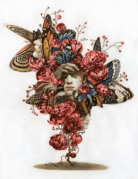 Портрет вьетнамской художницы Tran Nguyen с цветами и бабочками вместо волос