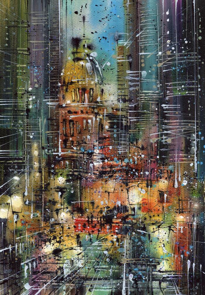 City - My, Watercolor, Acrylic, Paper, Town, Landscape, The street, Lamp