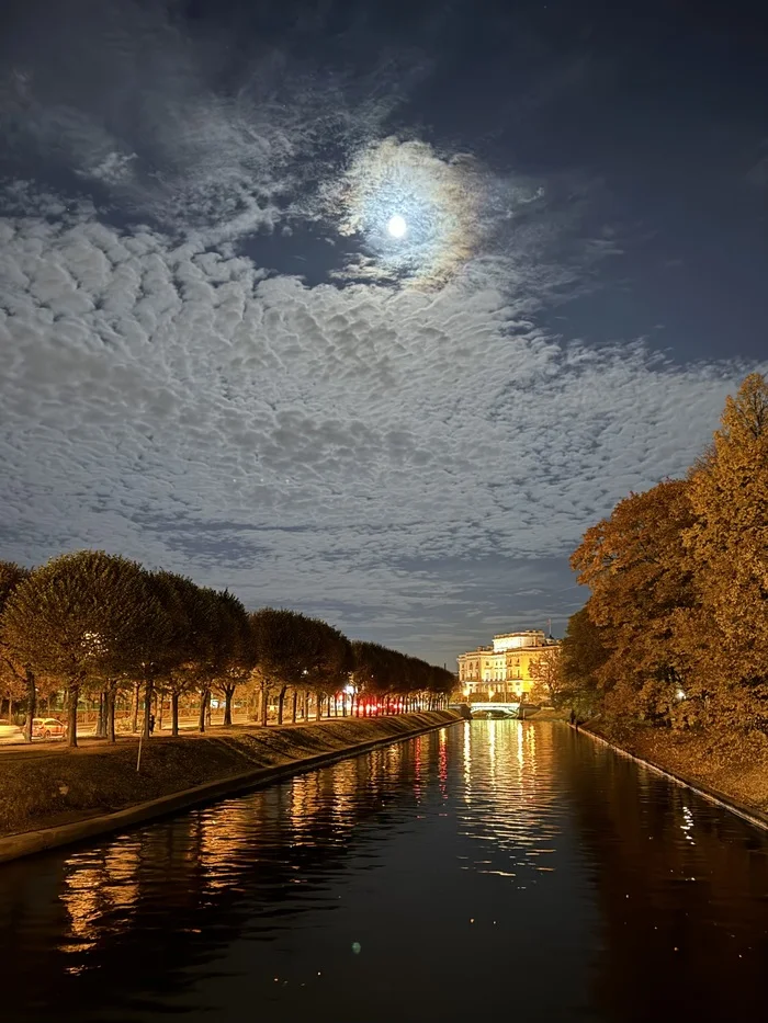 R. Moika - My, Mobile photography, Sky, Clouds, Evening, Saint Petersburg, River, Autumn, Tree, Architecture, moon