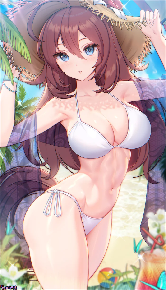 Mihono bourbon #002 - Anime, Anime art, Uma musume pretty derby, Mihono bourbon, Girls, Swimsuit, Bikini, Long hair, Blue eyes, Hat, Palm trees, Stomach