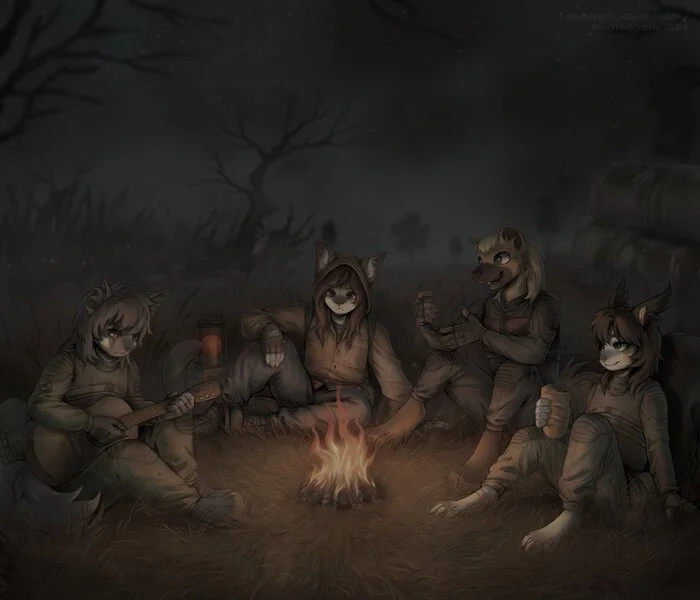 Attention, a joke... - Furry, Stalker, Furry feline, Furry cat, Furry hyena, Bonfire, Night, Halt, Furry art, Art, Anthro