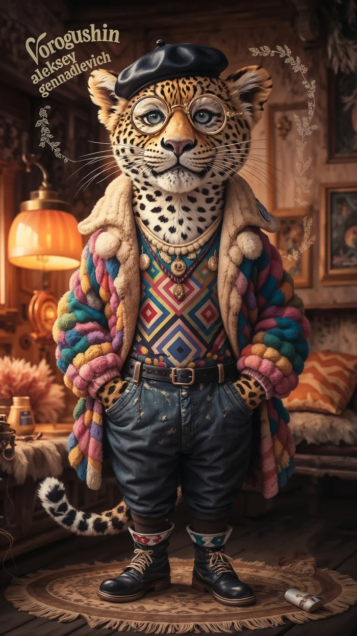 Neuroartist: Vorogushin Alexey Gennadievich. Realistic leopard in clothes with elements of surrealism. Neuroart evaluation using AI - My, Dall-e, Нейронные сети, Digital, Neural network art, Phone wallpaper, Art, Art, Desktop wallpaper, Masterpiece (Yandex), Modern Art, Realism, Computer graphics, Surrealism, Leopard, Artificial Intelligence, Digital drawing, Artist, Wallpaper, Longpost