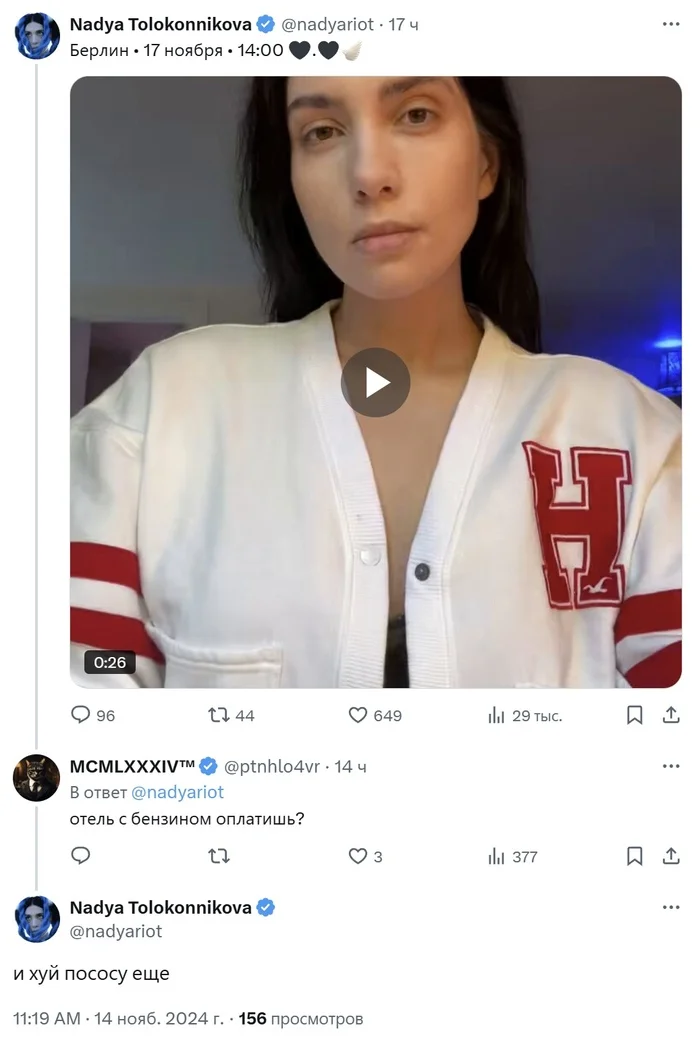 Nadezhda Tolokonnikova invites you to the march. Compensation for gasoline and hotel, plus a bonus - Politics, Nadezhda Tolokonnikova, Twitter, Humor, Mat, Screenshot, Comments