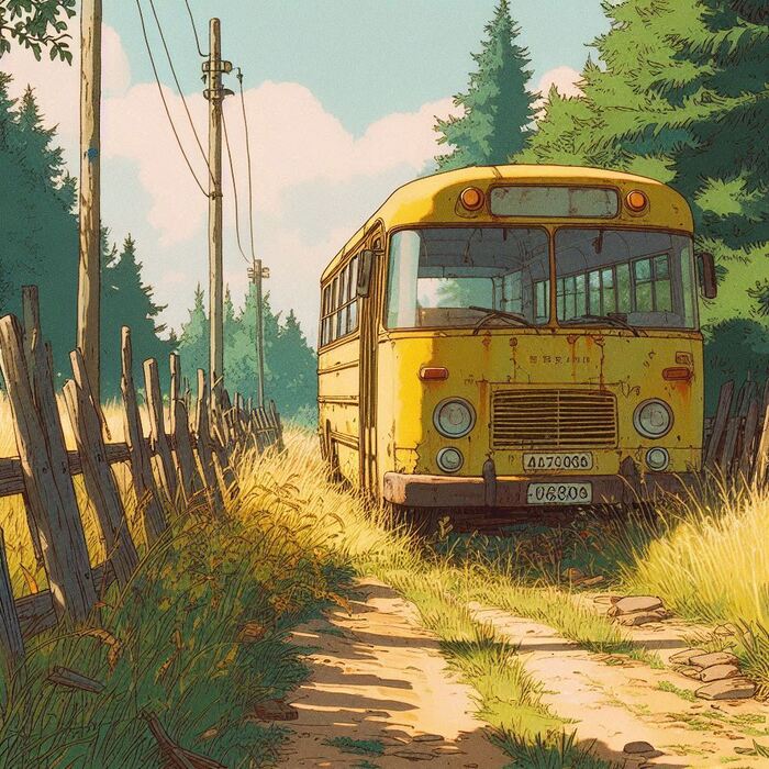 Yellow Bus (Memories) - My, Ginger & White, Childhood memories, Neural network art, Нейронные сети, Art, Anime, Anime art, Original character, Kitsune, Animal ears, Tail, Bus, Childhood, Longpost