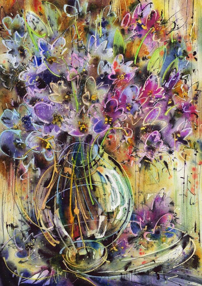 Flowers in glass... - My, Watercolor, Paper, Flowers, Bouquet, Still life