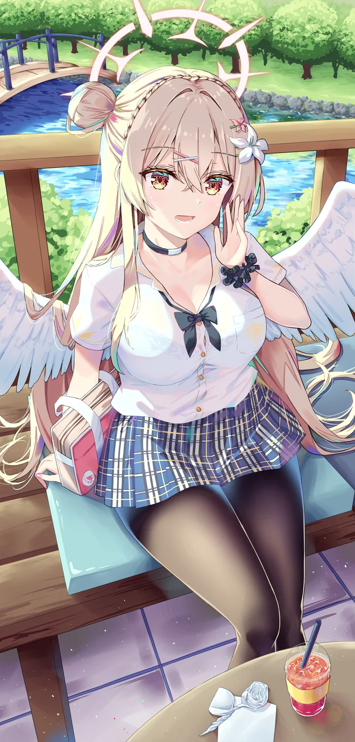 Kirifuji Nagisa #001 - Anime, Anime art, Blue archive, Kirifuji Nagisa, Girls, The park, Skirt, Wings, Long hair, Choker, Сумка, Benches, Barrette, Nimbus, Blouse, Gyaru, Bridge, Tights