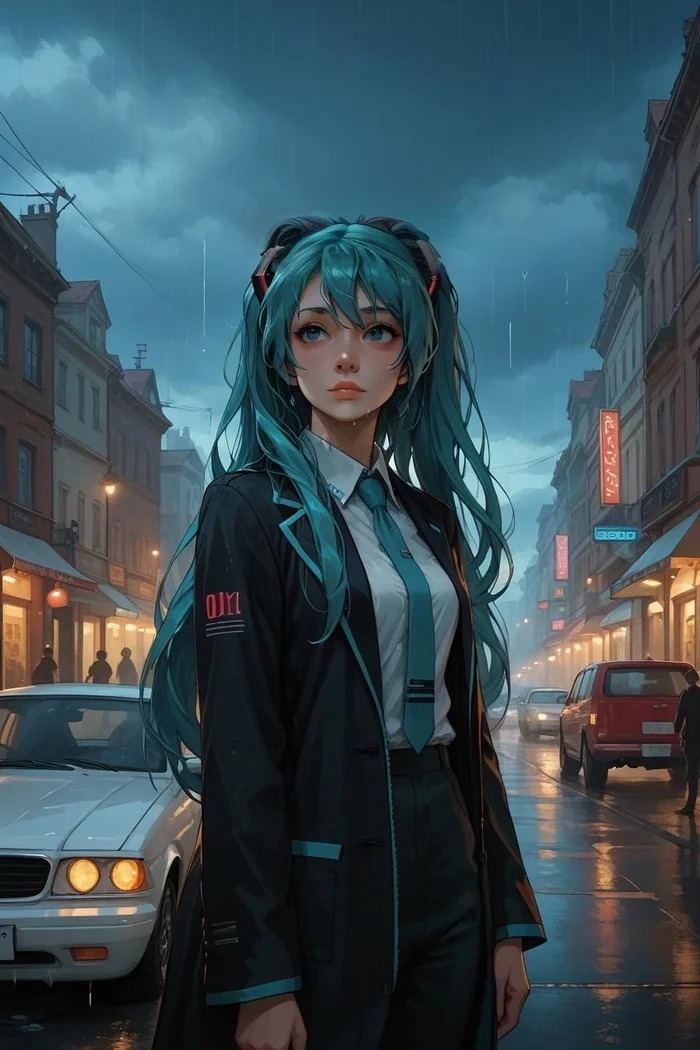 Friday Miku - My, Neural network art, Anime, Rain, Weather, Sadness, Stable diffusion, Hatsune Miku, Friday Miku, Town, Longpost, Minions