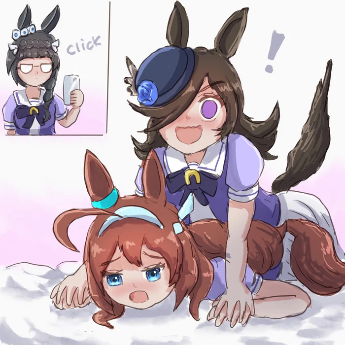 Случилось недопонимание?! - Аниме, Anime Art, Uma Musume Pretty Derby, Rice Shower, Mihono Bourbon, Animal Ears, Хвост, Аниме мемы, Fate-Kaleid liner Prisma Illya