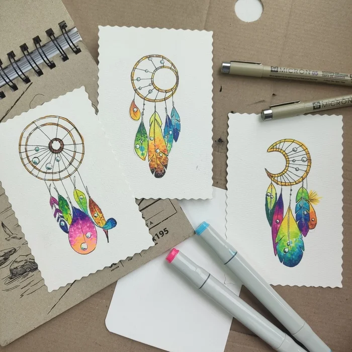 It seems that only the lazy have not drawn dream catchers - My, Art, Postcard, Marker, Dreamcatcher, Drawing