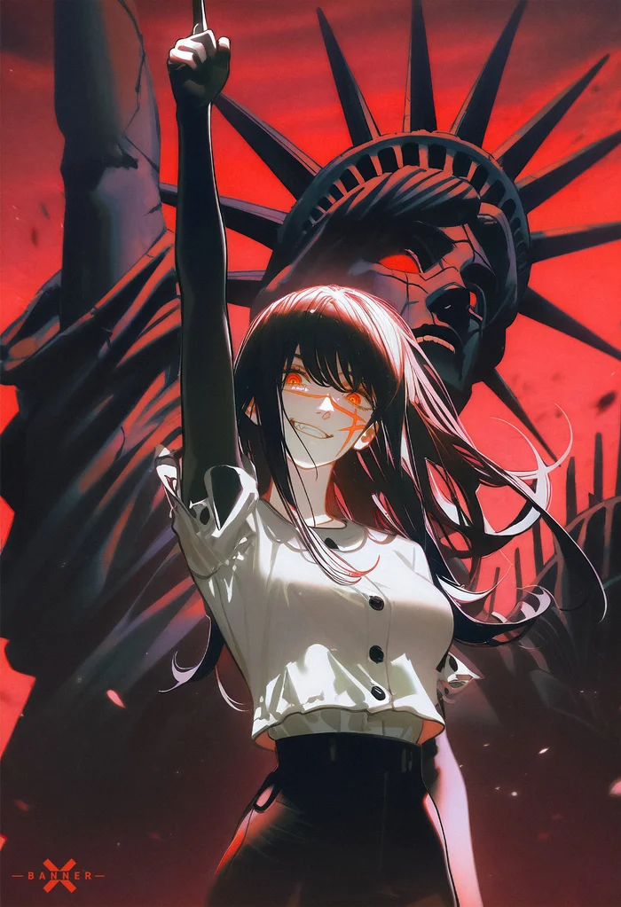 Chainsaw man Ai - My, Neural network art, Anime, Stable diffusion, Art, Longpost, Chainsaw man, Yoru, Makima, Nayuta (Chainsaw Man), Denji, Power (Chainsaw Man), Quanxi, Kobeni Higashiyama, Statue of Liberty