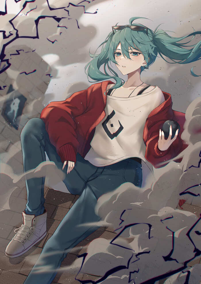 Hatsune Miku #184 - Anime, Anime art, Hatsune Miku, Girls, Apples, Jeans, Blue eyes, Is sitting, Sunglasses, Sneakers