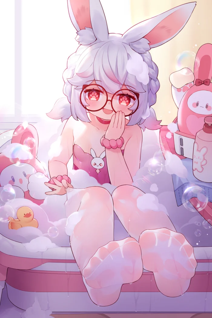 Rabbit feet - Anime, Anime art, Original character, Tsubasa tsubasa, Foot fetish, Tights, Animal ears, Bunny ears, Bath, Foam