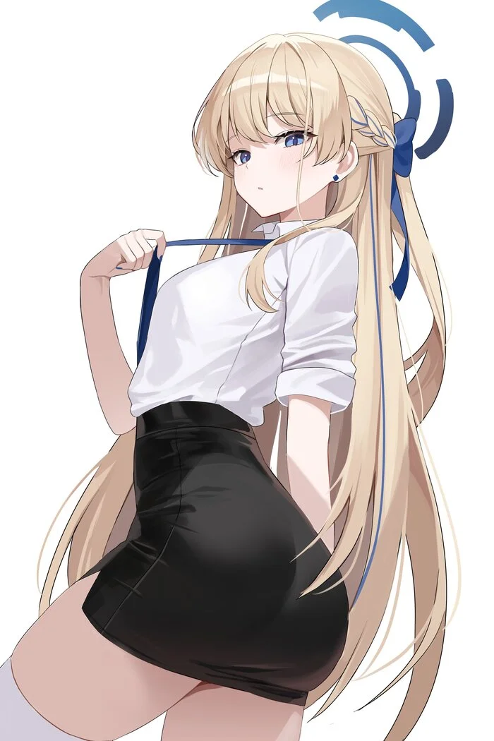 Asuma Toki #003 - Anime, Anime art, Blue archive, Asuma Toki, Girls, Earrings, Blouse, Long hair, Nimbus, Tie, Skirt, Blonde, Blue eyes