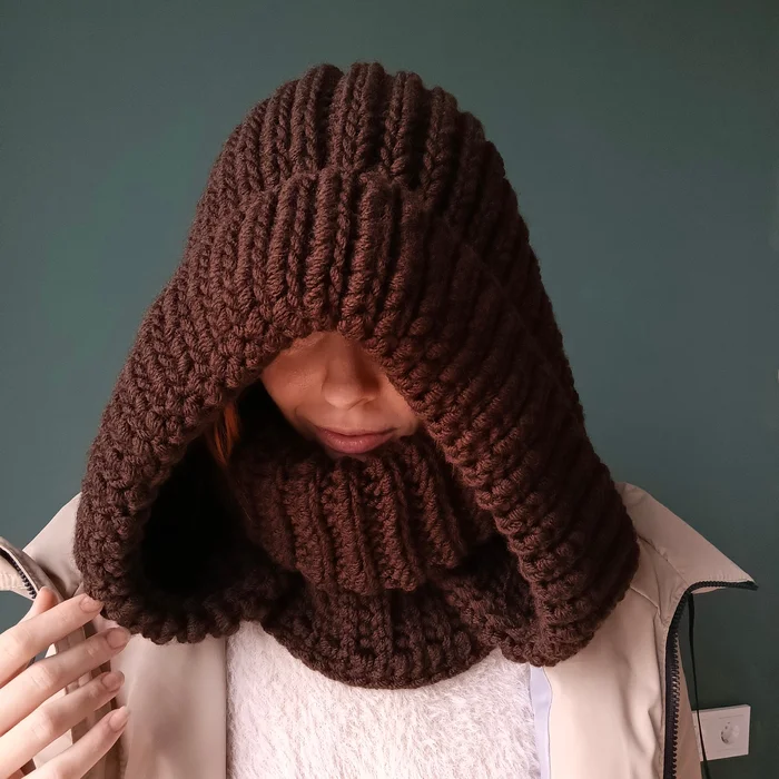 Knitted Snow Assassin Hood - My, Needlework without process, Needlework, With your own hands, Handmade, Hood, Crochet, Knitting, Video, Vertical video, Longpost