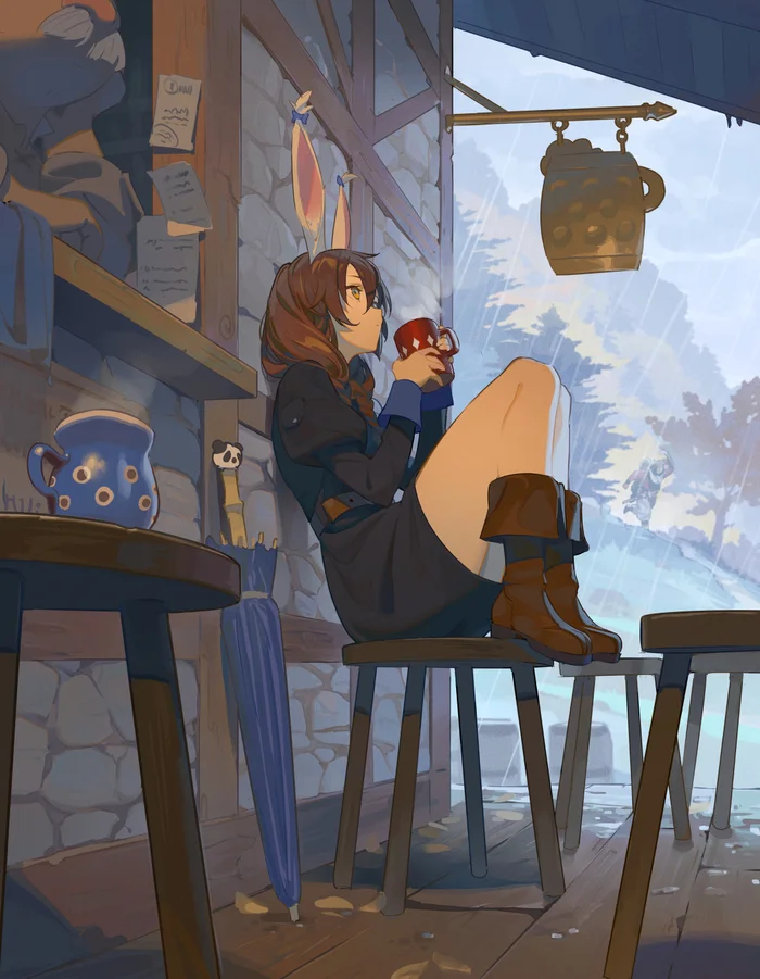 In a tavern in the autumn rain - Anime art, Anime, Girls, Original character, Art, Rain, Tavern, The mountains, Animal ears