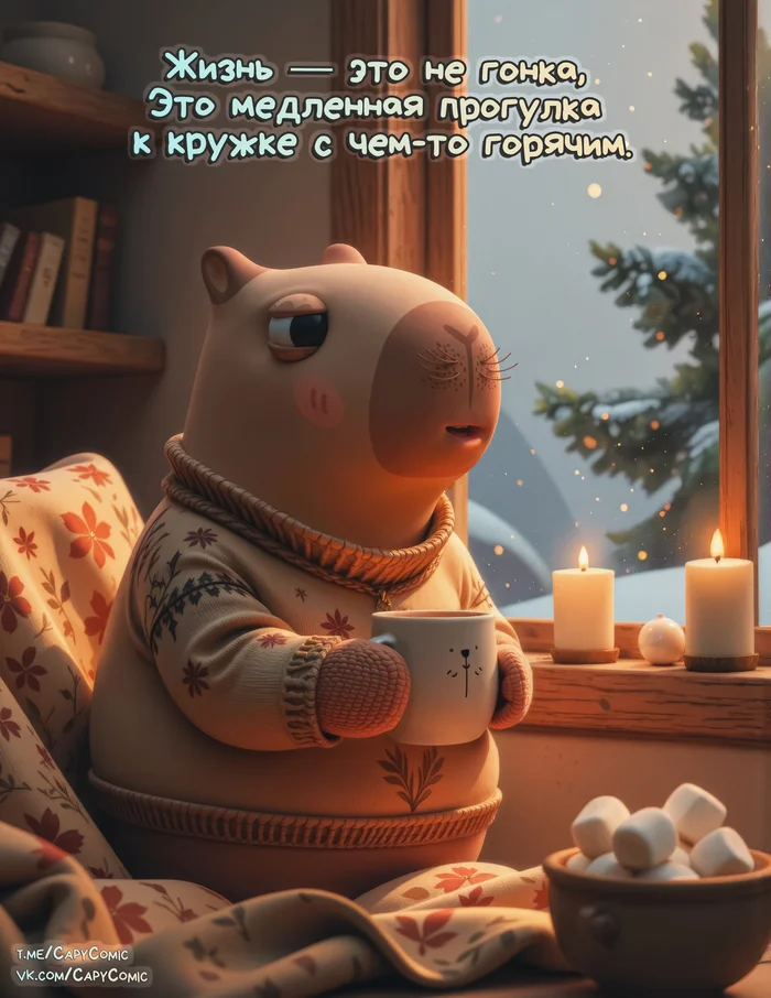 Don't pass by - treat yourself to a cup of cocoa with marshmallows - My, Capybara, Comics, Author's comic, Blender, 3D, Stable diffusion, Flux, Art, Neural network art