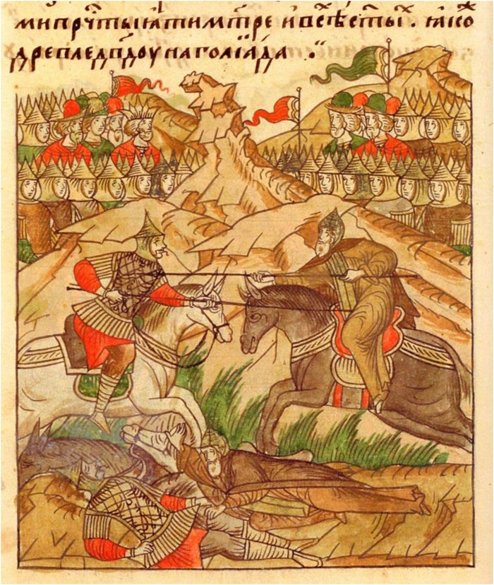 Куликовская битва. Поединок Пересвета с Челумбеем. Смерть помирила их. В объятьях братских лежали их бездыханные тела – и было о чём пообщаться их великим Душам.