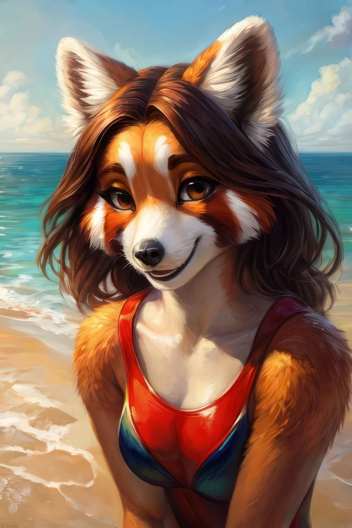 Furry art by Wolfmks #177 - My, Neural network art, Art, Furry, Furry art, Furry red panda, Beach, Swimsuit, Sea, Bikini, Phone wallpaper, Longpost