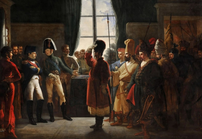 «Император Александр 1 показывает Наполеону казаков, башкир и калмыков»-тартар. На картах того времени это – земли вольной Казачьей Орды, одна из Тартарий. Они пришли говорить о мире – но готовы к войне. Художник Пьер Бержере – самовидец тех событий.