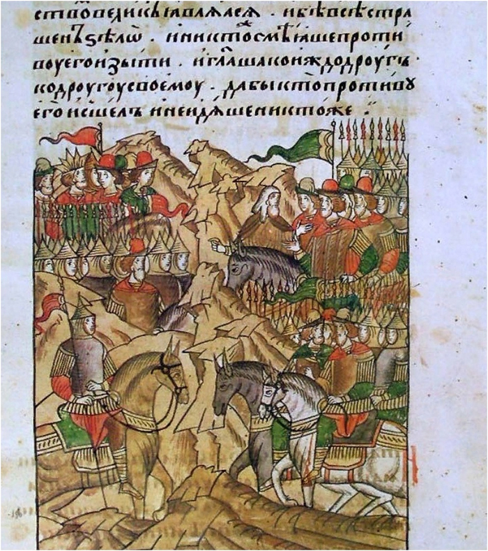 Последние наставления волхва Сергия князю Дмитрию перед битвой... Последние предостережения и предложения решить дело миром. Слева «хан Мамай» в ордынской царской короне – из-за которой разгорелся весь этот сыр-бор. «Хан Тохтамыш» тоже претендовал на неё.