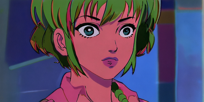 female android, empty face with only eyes, 2d, 1980s, anime style --aspect 2:1