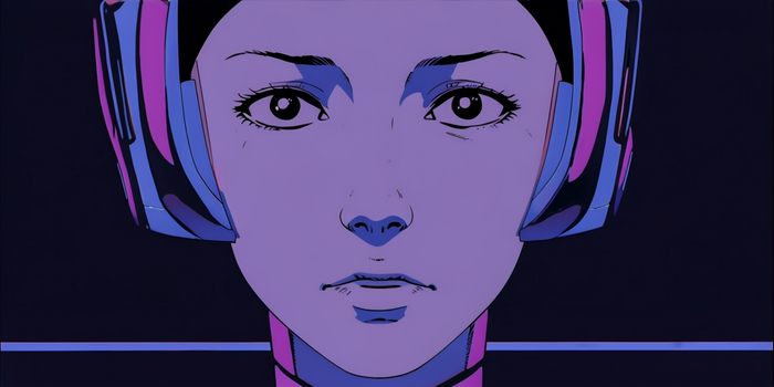 female android, empty face with only eyes, 2d, 1980s, anime style --aspect 2:1