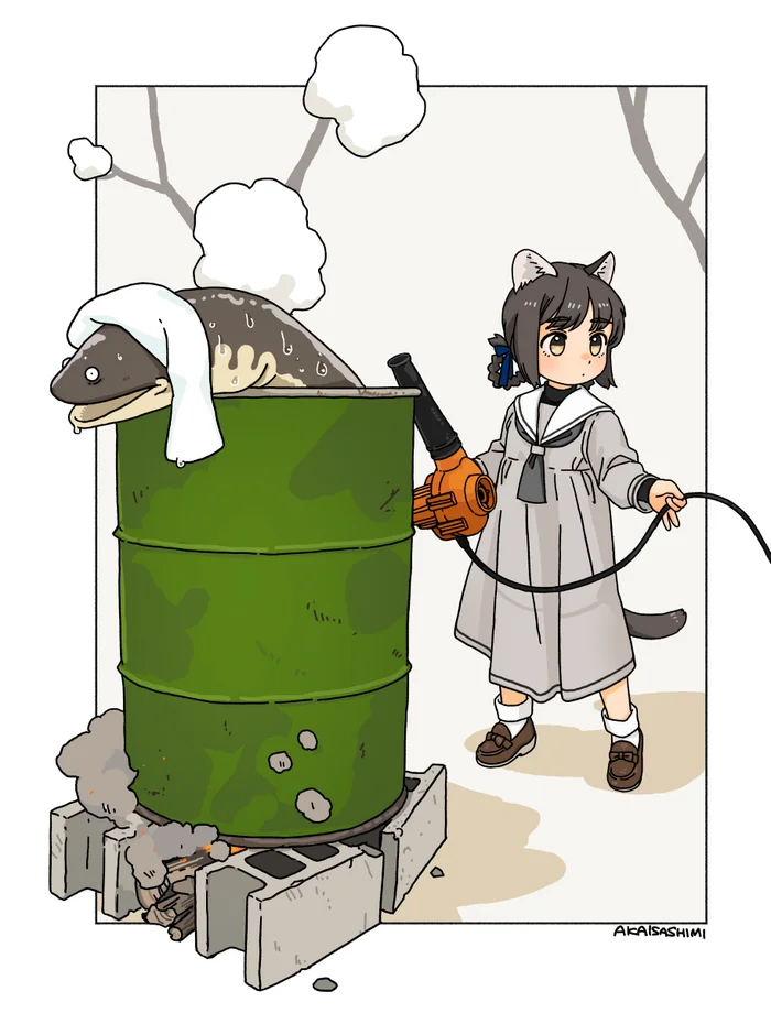 Baden-Baden - Anime, Bath, Bath-Barrel, Blower, Akai sashimi, Anime art, Animal ears, Original character, Towel