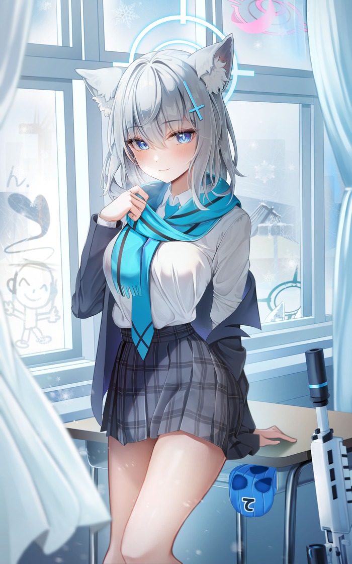 Sunaookami Shiroko #025 - Anime, Anime art, Blue archive, Sunaookami shiroko, Girls, Window, Skirt, Animal ears, Tie, Scarf, Mask, Weapon, Desk, Embarrassment, School, Blue eyes, Nimbus