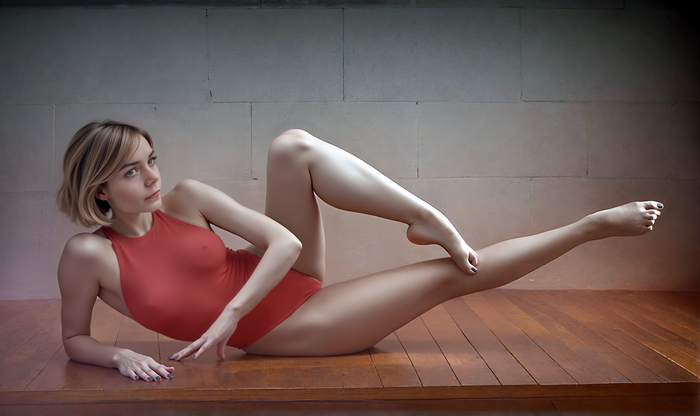 Aerobics - My, Neural network art, Girls, Alisa Selezneva, Desktop wallpaper, Swimsuit, Boobs, Nipples