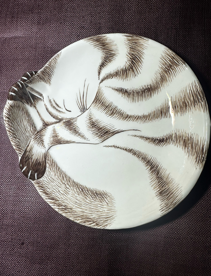 Plate cat, snowy with coffee paws - My, Handmade, Ceramics, Plate, Longpost, cat