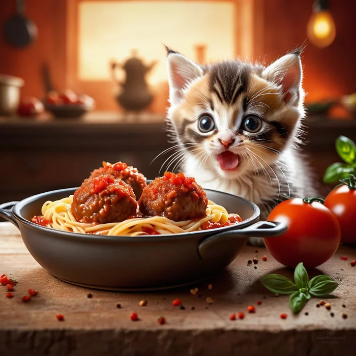 Happy Meatballs in Tomato Sauce Day! - My, Neural network art, Chatgpt, Stable diffusion, 2D, Art, cat, Meatballs, Postcard, Absurd