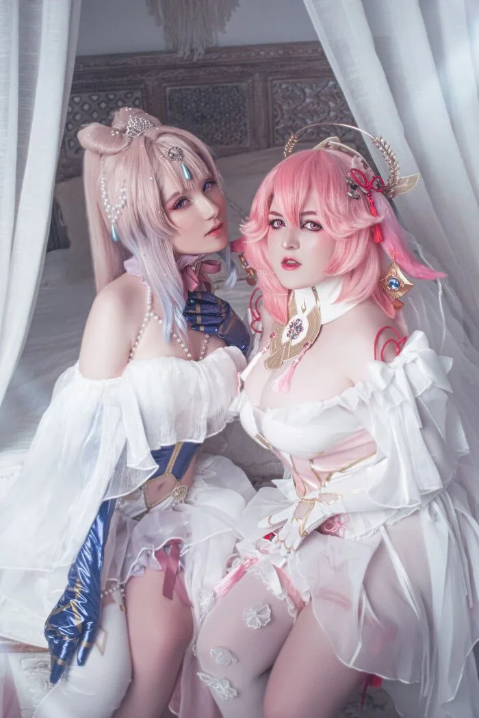 Yae Miko and Kokomi Brides Cosplay - My, Sangonomiya Kokomi, Yae Miko (Genshin Impact), Girls, Genshin impact, Cosplay, Bride, Longpost