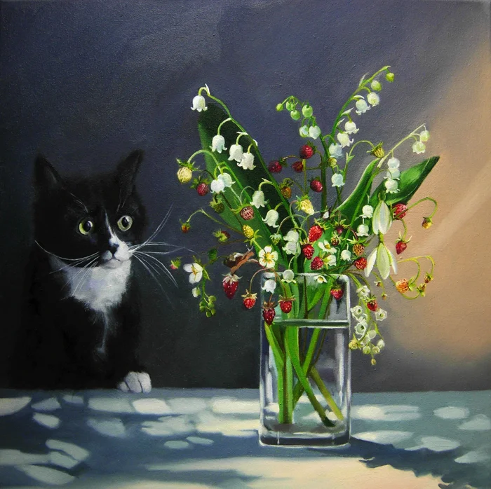 Boris's Lilies of the Valley - My, Pets, Painting, Oil painting, Lilies of the valley, cat, Art, Strawberry