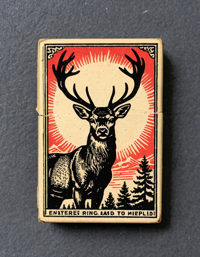 Vintage matchbox artwork, woodcut of a proud stag