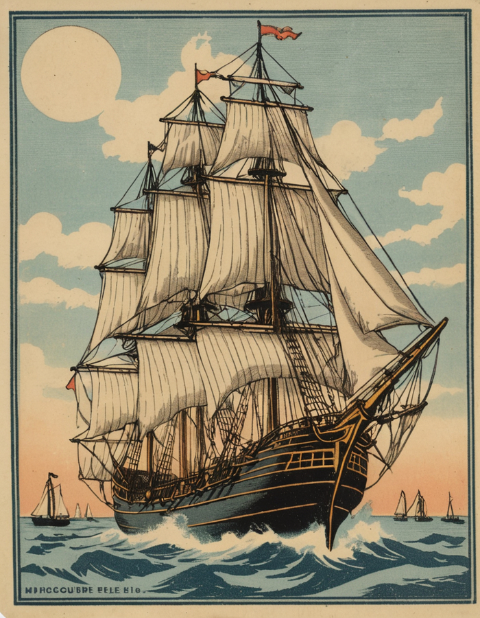 Vintage matchbox artwork, lithography of a sailing ship
