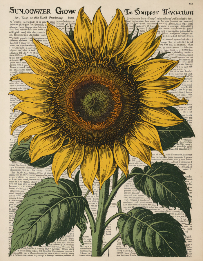 Vintage woodcut wall art, print of a detailed botanical illustration of a sunflower.